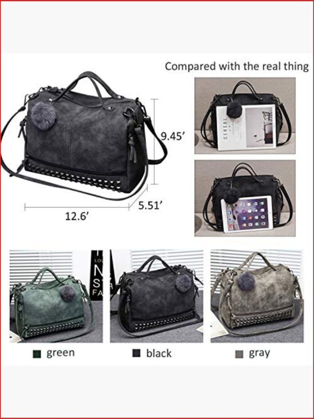 Studded Tote Bag with Removable Strap PU Leather Hobo Satchel - Picture 3 of 7